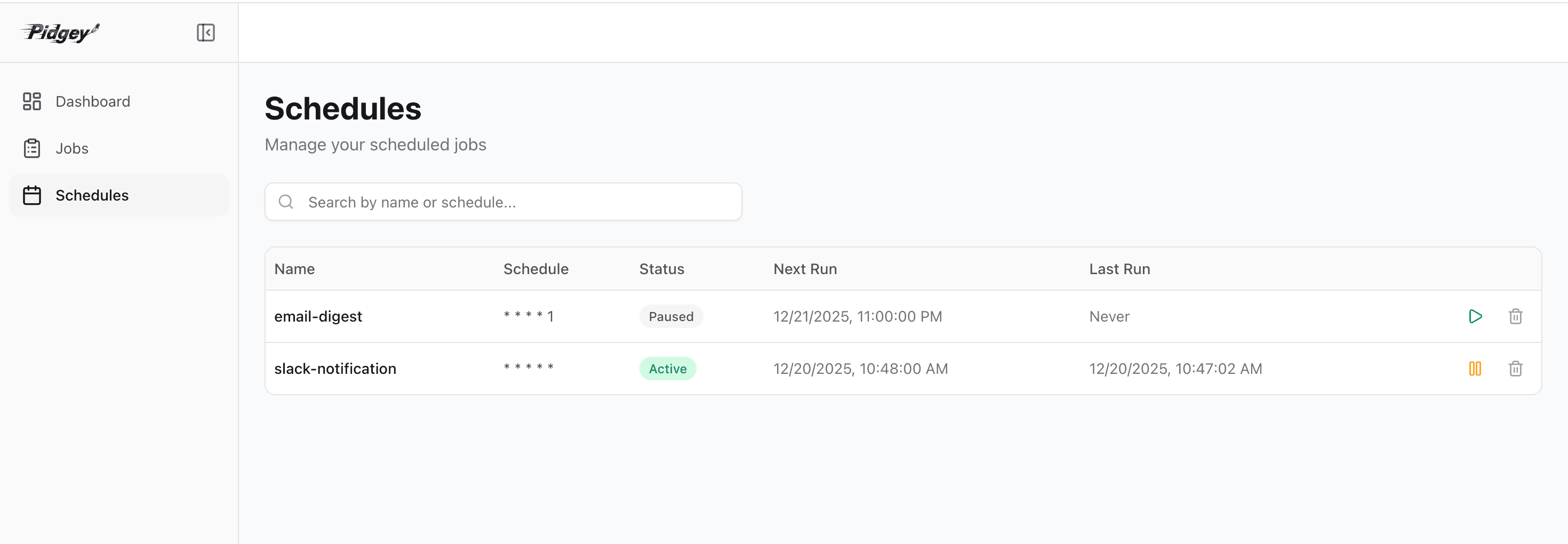 Pidgey Schedules Page